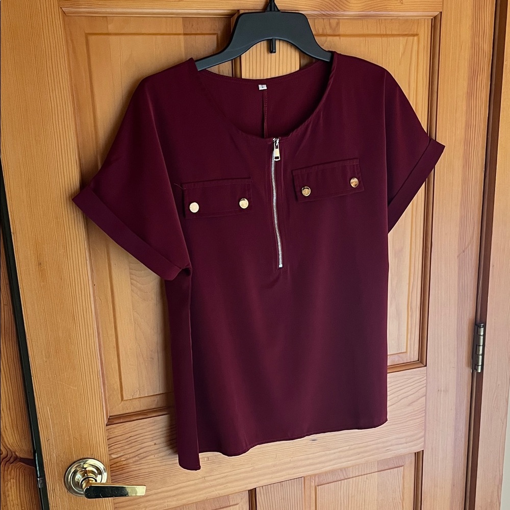 Chic Burgundy Blouse with Gold Details